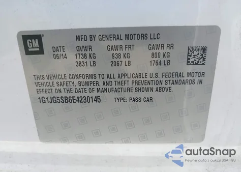 2014 Chevrolet Sonic Rs Auto from USA, damaged, VIN 1G1JG5SB6E4230145